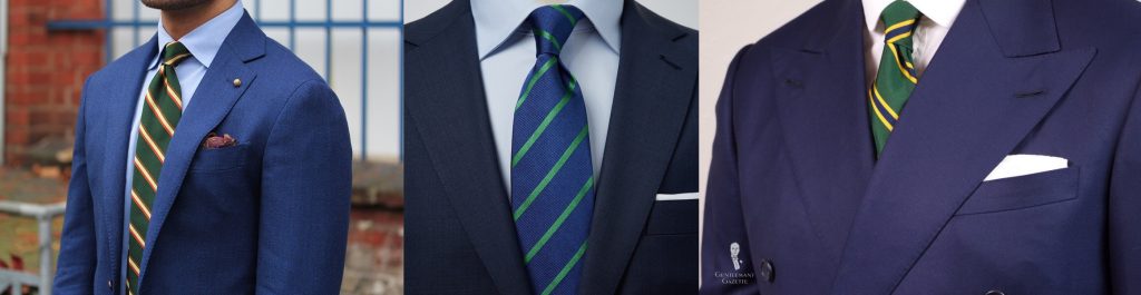 corbata verde a rayas con traje azul